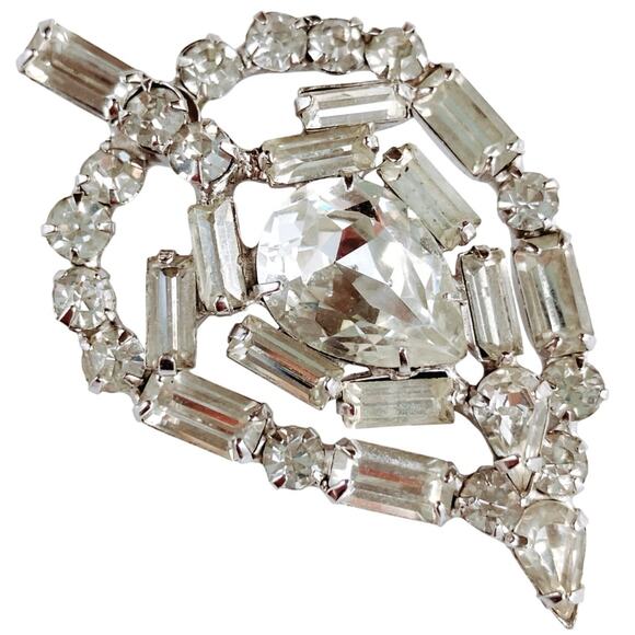 VTG Mid Century Brooch Clear Rhinestone Cocktail Baguette Glass Sparkly - Picture 1 of 10